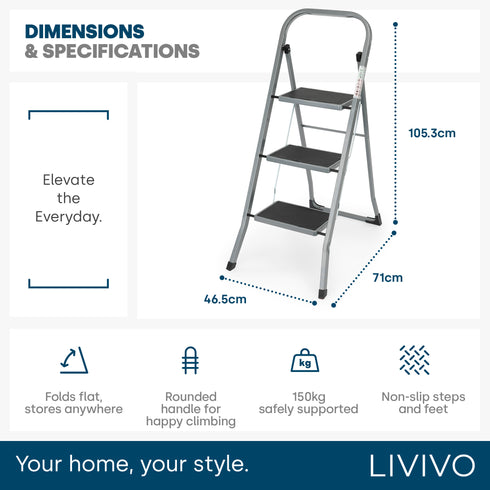 LIVIVO 3 Step Folding Ladder Steel Frame with Handrail, Anti-Slip Steps & 150kg Capacity