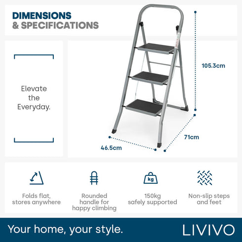 LIVIVO 3 Step Folding Ladder Steel Frame with Handrail, Anti-Slip Steps & 150kg Capacity