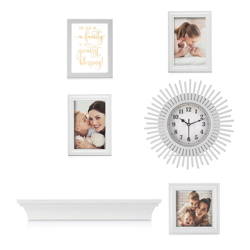 Photo Frame Set with Clock & Shelf - 6 Piece