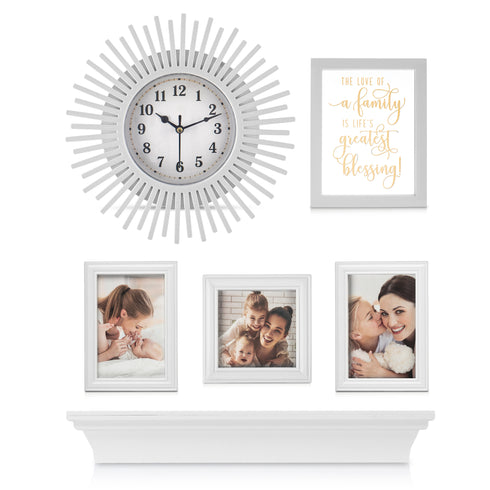 Photo Frame Set with Clock & Shelf - 6 Piece