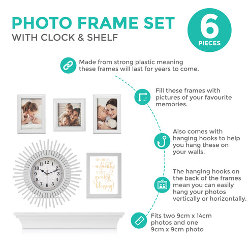 Photo Frame Set with Clock & Shelf - 6 Piece
