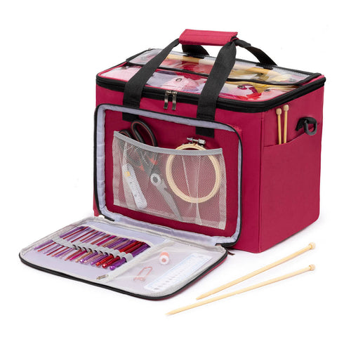 Knitting Crochet Storage Bag with Clear PVC Lid - Maroon