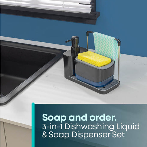 3-in-1 Soap Dispenser with Sponge Holder – Black