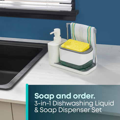 3-in-1 Soap Dispenser with Sponge Holder – White