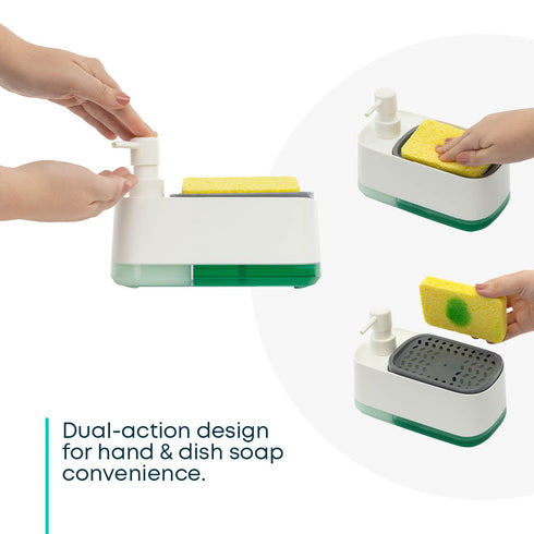 2-in-1 Soap Dispenser & Sink Organiser with Sponge Holder – White