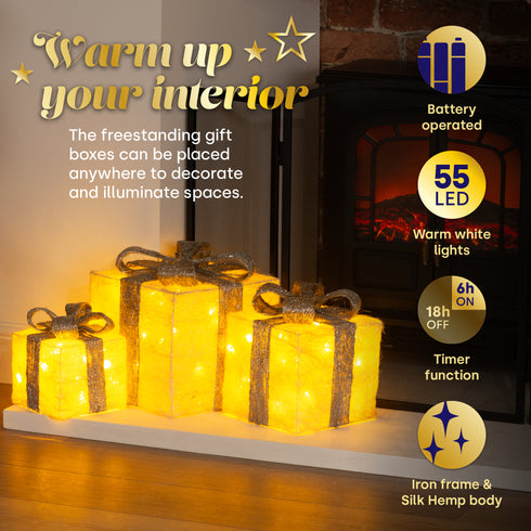 Set of 3 Light up Gift Boxes - Silver