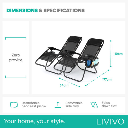 LIVIVO Gravity Chair Set of 2 with Side Tables - Zero Gravity 120kg Black