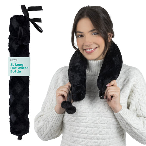 2L Long Hot Water Bottle with Black Pom-Pom Lattice Cover - Pain Relief & Comfort