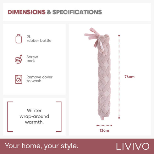 LIVIVO 2L Long Hot Water Bottle Pink - Pom-Poms Lattice Cover