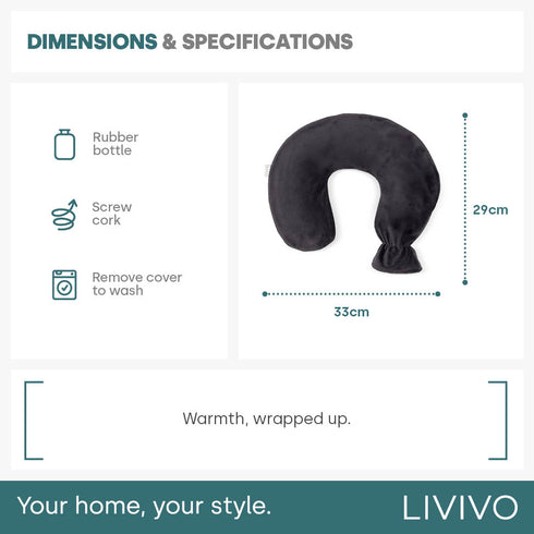 LIVIVO Neck & Shoulder U Shaped Hot Water Bottle 1L - Black Fleece