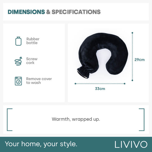 LIVIVO Neck & Shoulder U Shaped Hot Water Bottle 1L - Black Fleece