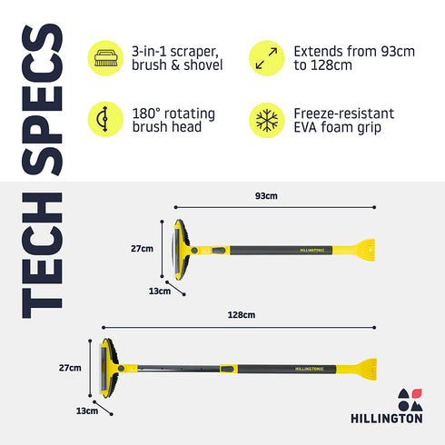 Hillington 3-in-1 Extendable Ice Scraper Snow Brush 93-128cm - Rotating Head - Dark Grey, Yellow