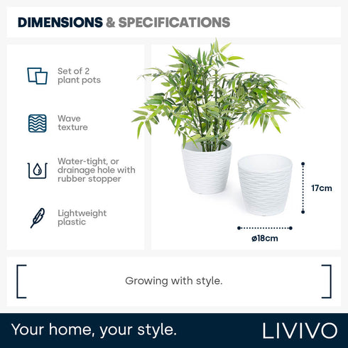 Plastic Plant Pot with Wave Design 18cm White  - Set of 2