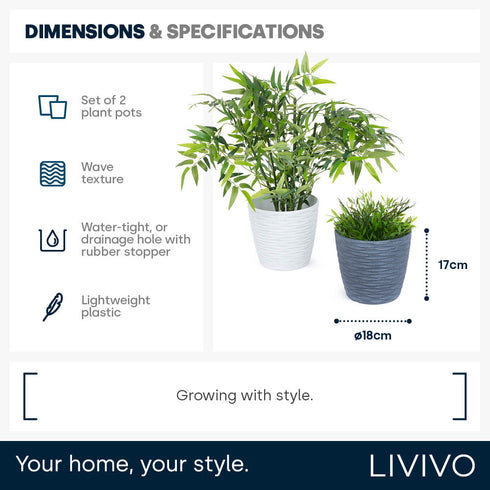 18cm Wave Grey & White Plant Pots - Set of 2