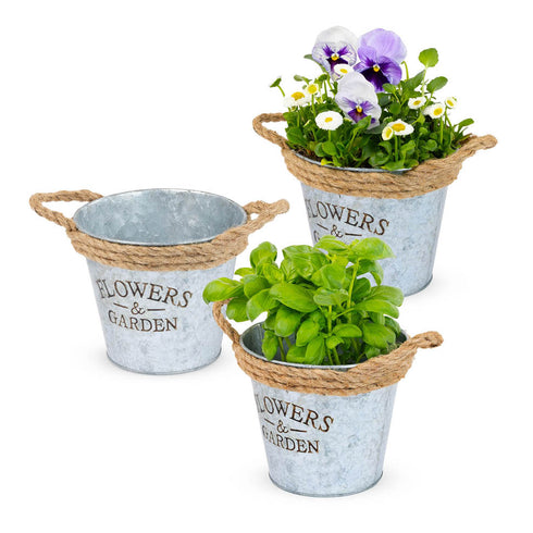 Round Zinc Plant Pot 16cm with Hessian Handle - Set of 3