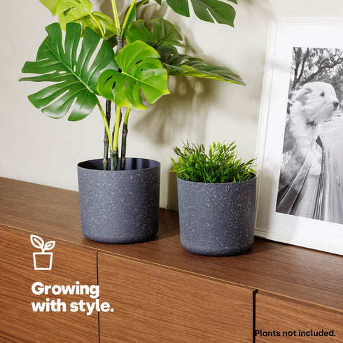 18cm Round Sandstone Plastic Plant Pot Grey - Set of 2
