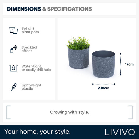 18cm Round Sandstone Plastic Plant Pot Grey - Set of 2