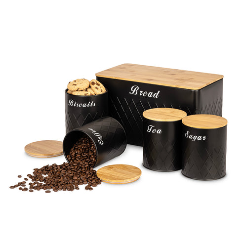 Matt Bread Bin & Canister Set - Black/Bamboo