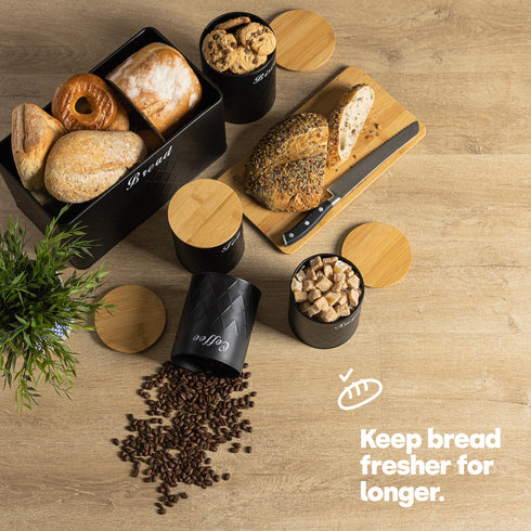 Matt Bread Bin & Canister Set - Black/Bamboo