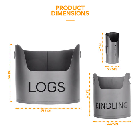 3 Piece Fireplace Log Bucket Set Grey