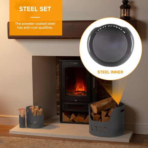 3 Piece Fireplace Log Bucket Set Grey