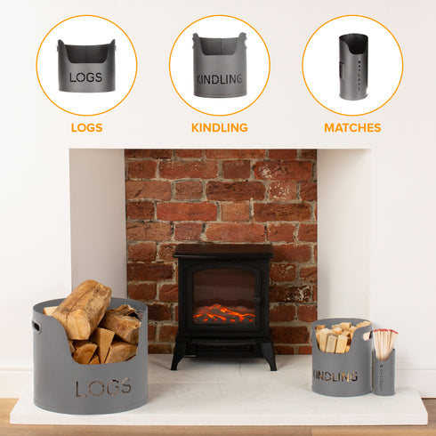 3 Piece Fireplace Log Bucket Set Grey