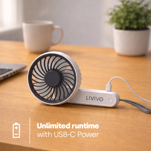 LIVIVO Handheld Mini Fan - 3 Speed Settings Rechargeable Type-C USB White
