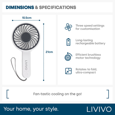 LIVIVO Handheld Mini Fan - 3 Speed Settings Rechargeable Type-C USB White