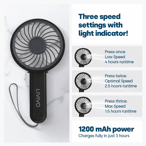 LIVIVO Handheld Mini Fan - 3 Speed Settings Rechargeable Type-C USB Black