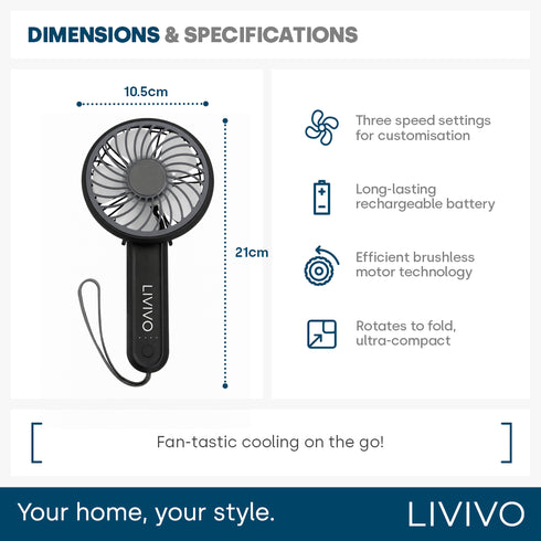LIVIVO Handheld Mini Fan - 3 Speed Settings Rechargeable Type-C USB Black