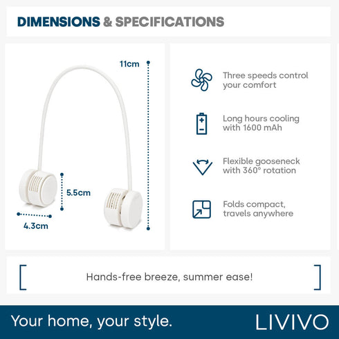 Livivo Retractable Neck Fan - Hands-Free Portable Cooling with 3 Speeds - White