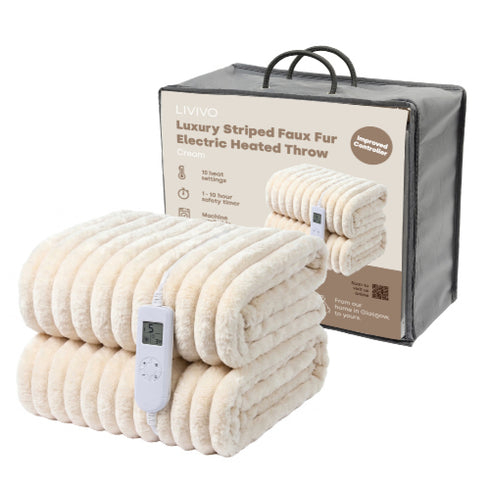 Luxury Ribbed Faux Fur Electric Heated Throw 160 x 130cm - 10 Heat Settings with Timer - Beige