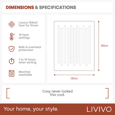 Luxury Ribbed Faux Fur Electric Heated Throw 160 x 130cm - 10 Heat Settings with Timer - Beige
