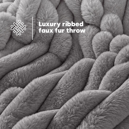 Luxury Ribbed Faux Fur Electric Heated Throw 160 x 130cm - 10 Heat Settings with Timer - Grey