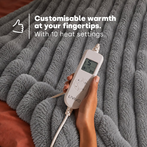 Luxury Ribbed Faux Fur Electric Heated Throw 160 x 130cm - 10 Heat Settings with Timer - Grey