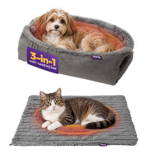 Petlicity 3-in-1 Self Heating Pet Bed Mat 70x60cm - Striped Faux Fur - Grey