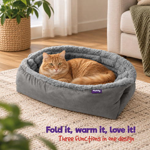 Petlicity 3-in-1 Self Heating Pet Bed Mat 70x60cm - Striped Faux Fur - Grey