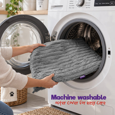 Petlicity 3-in-1 Self Heating Pet Bed Mat 70x60cm - Striped Faux Fur - Grey