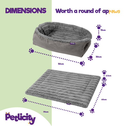 Petlicity 3-in-1 Self Heating Pet Bed Mat 70x60cm - Striped Faux Fur - Grey