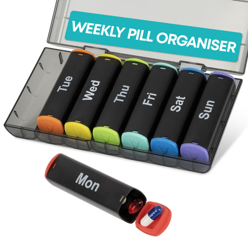 Fineway Weekly Pill Organiser Morning/Evening with Storage Box - 7 Day Colour-Coded - Black