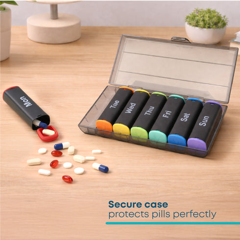 Fineway Weekly Pill Organiser Morning/Evening with Storage Box - 7 Day Colour-Coded - Black