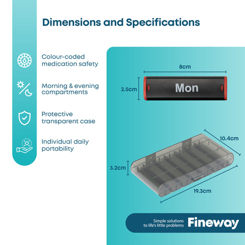 Fineway Weekly Pill Organiser Morning/Evening with Storage Box - 7 Day Colour-Coded - Black