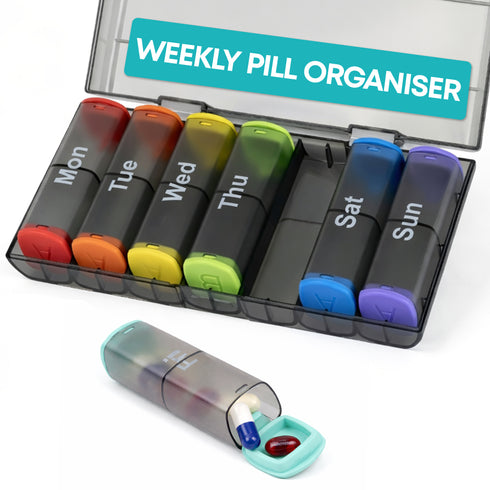 Fineway Weekly Pill Organiser Morning/Evening with Storage Box - 7 Day Colour-Coded - Transparent