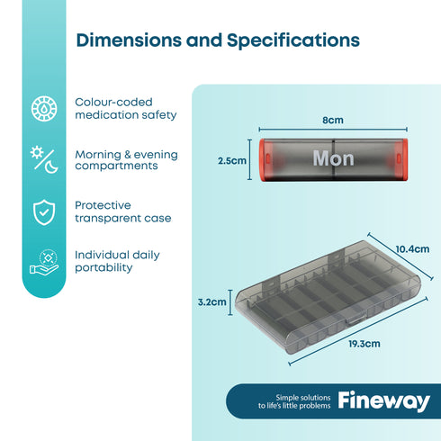 Fineway Weekly Pill Organiser Morning/Evening with Storage Box - 7 Day Colour-Coded - Transparent