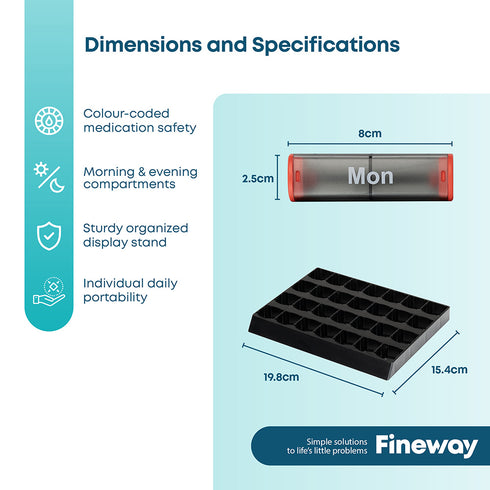 Fineway Monthly Pill Organiser Morning/Evening with Stand - 28 Day Colour-Coded - Transparent