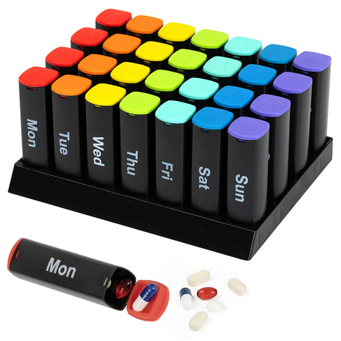 Fineway Monthly Pill Organiser Morning/Evening with Stand - 28 Day Colour-Coded - Black