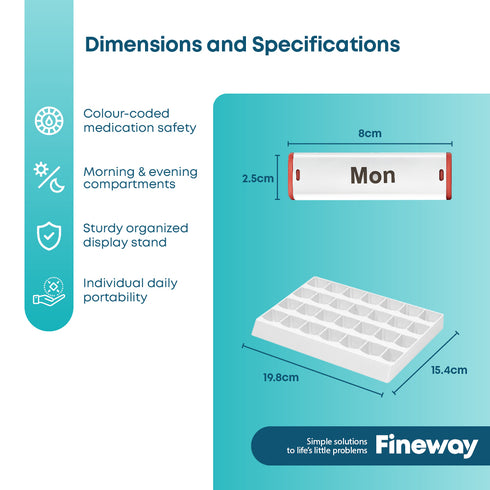 Fineway Monthly Pill Organiser Morning/Evening with Stand - 28 Day Colour-Coded - White