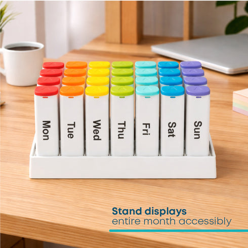 Fineway Monthly Pill Organiser Morning/Evening with Stand - 28 Day Colour-Coded - White