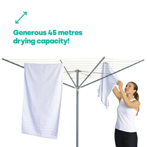 LIVIVO 45M 4-Arm Rotary Clothes Airer Round Arms - Grey Sage Green with Spike & Cover