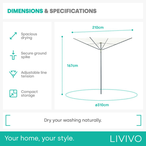LIVIVO 45M 4-Arm Rotary Clothes Airer Round Arms - Grey Sage Green with Spike & Cover